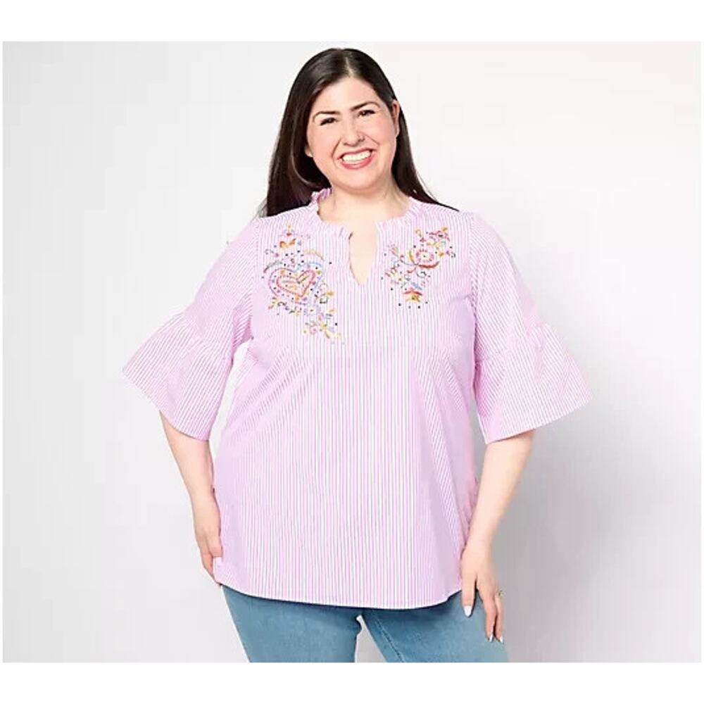 Quacker Factory Floral Fantasy Striped Pop-Over Blouse Size XS Embroidered